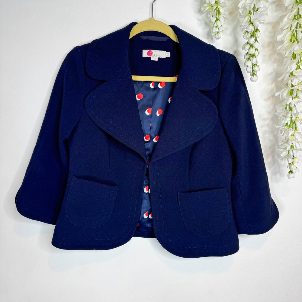 BODEN preppy cropped jacket mod navy polka dot lining